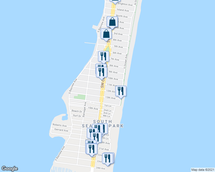 map of restaurants, bars, coffee shops, grocery stores, and more near 47 11th Avenue in Seaside Park