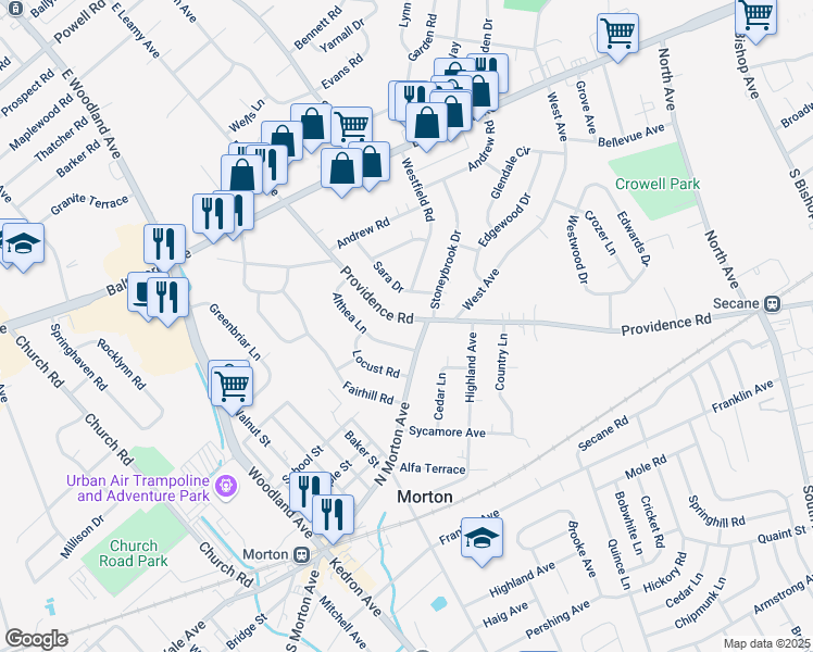 map of restaurants, bars, coffee shops, grocery stores, and more near 12 Providence Road in Morton