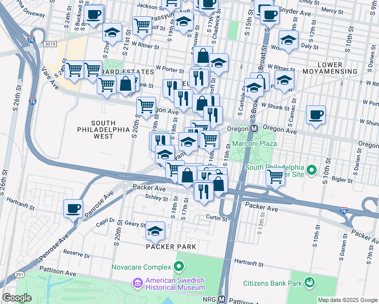 map of restaurants, bars, coffee shops, grocery stores, and more near 2914 South 18th Street in Philadelphia