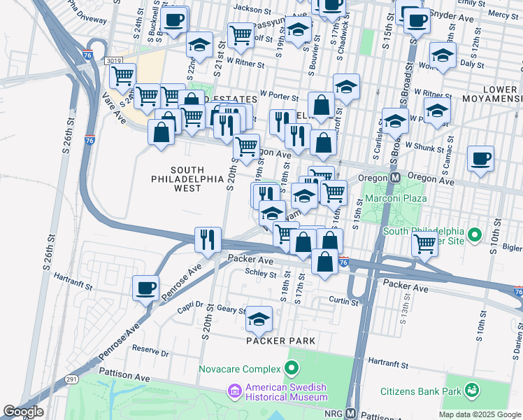 map of restaurants, bars, coffee shops, grocery stores, and more near 2909 South 19th Street in Philadelphia