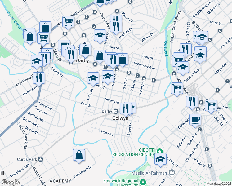 map of restaurants, bars, coffee shops, grocery stores, and more near 211 South 5th Street in Darby