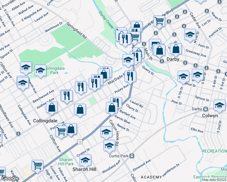 map of restaurants, bars, coffee shops, grocery stores, and more near 213 Pusey Avenue in Collingdale