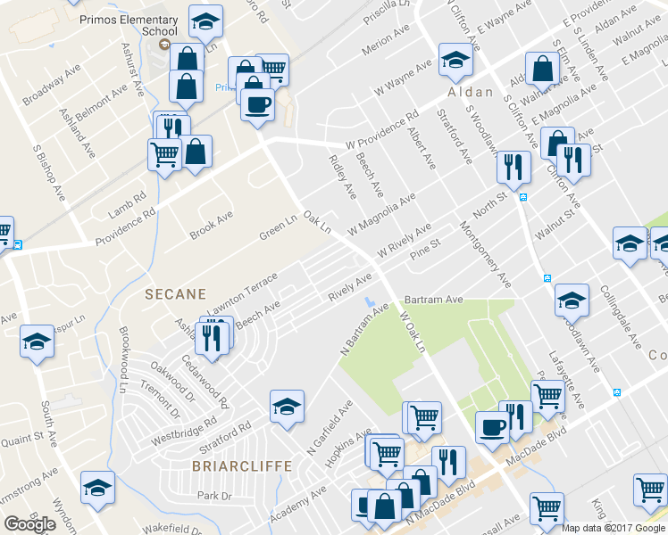 map of restaurants, bars, coffee shops, grocery stores, and more near 625 Beech Avenue in Glenolden
