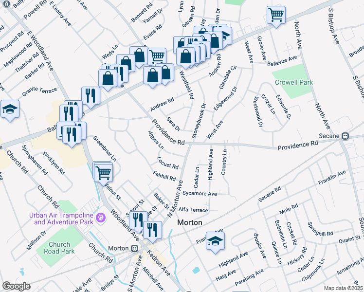 map of restaurants, bars, coffee shops, grocery stores, and more near 12 Providence Road in Morton