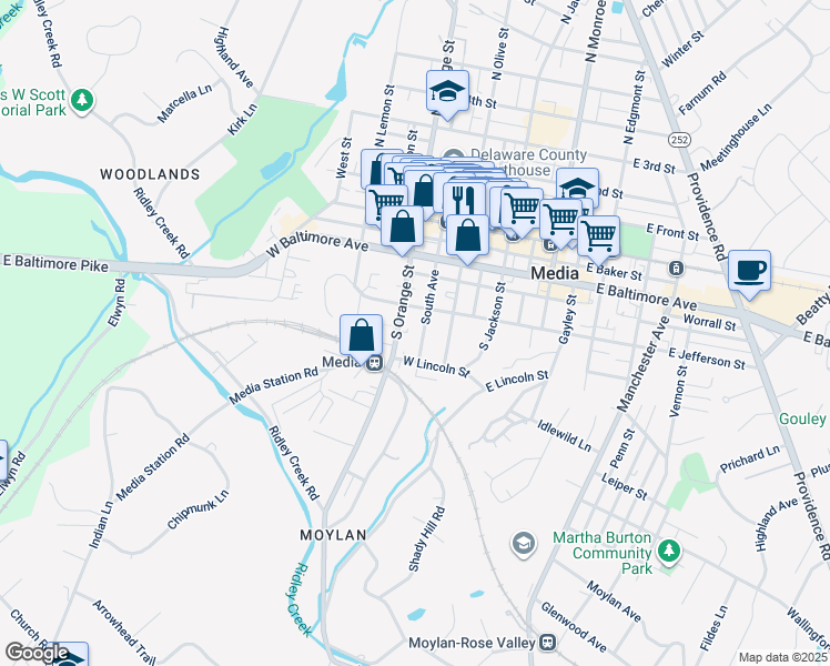 map of restaurants, bars, coffee shops, grocery stores, and more near 426 South Avenue in Media