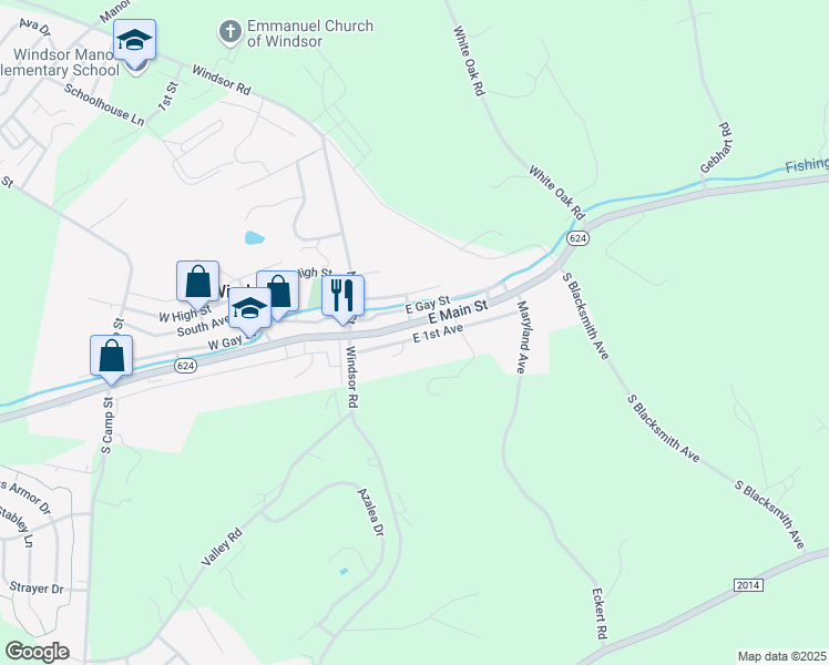 map of restaurants, bars, coffee shops, grocery stores, and more near 47 East Main Street in Windsor