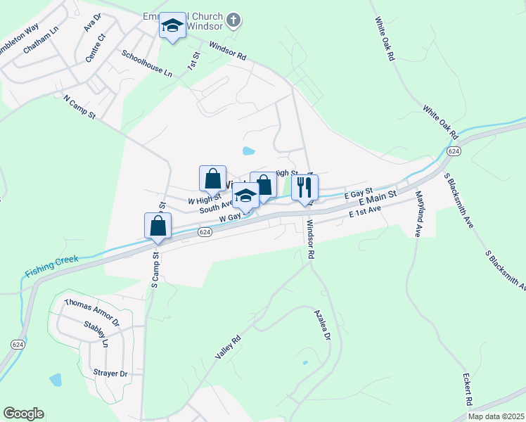 map of restaurants, bars, coffee shops, grocery stores, and more near 34-36 West Main Street in Windsor