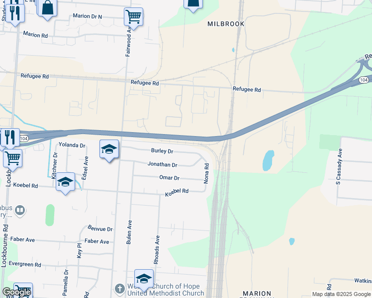 map of restaurants, bars, coffee shops, grocery stores, and more near 1646 Burley Drive in Columbus