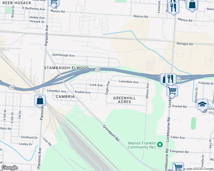 map of restaurants, bars, coffee shops, grocery stores, and more near 733 Lock Avenue in Columbus