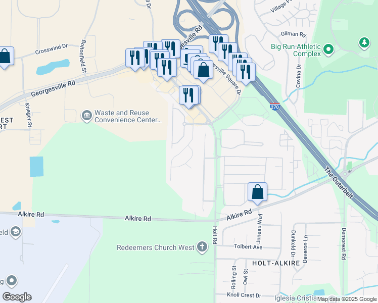 map of restaurants, bars, coffee shops, grocery stores, and more near 1850 Kathiwade Drive in Columbus