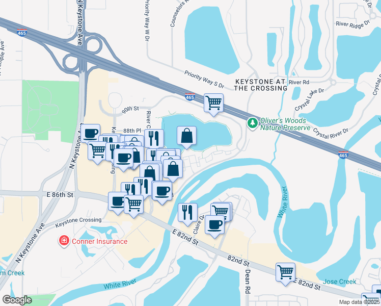 map of restaurants, bars, coffee shops, grocery stores, and more near 8722 Knickerbocker Way in Indianapolis