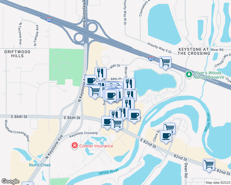 map of restaurants, bars, coffee shops, grocery stores, and more near 8785 Keystone Crossing in Indianapolis