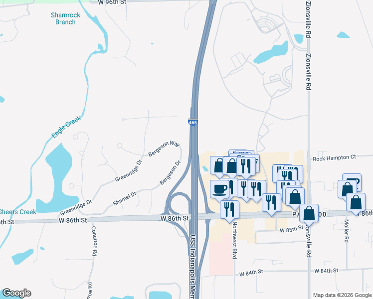 map of restaurants, bars, coffee shops, grocery stores, and more near 6202 Bergeson Way in Indianapolis