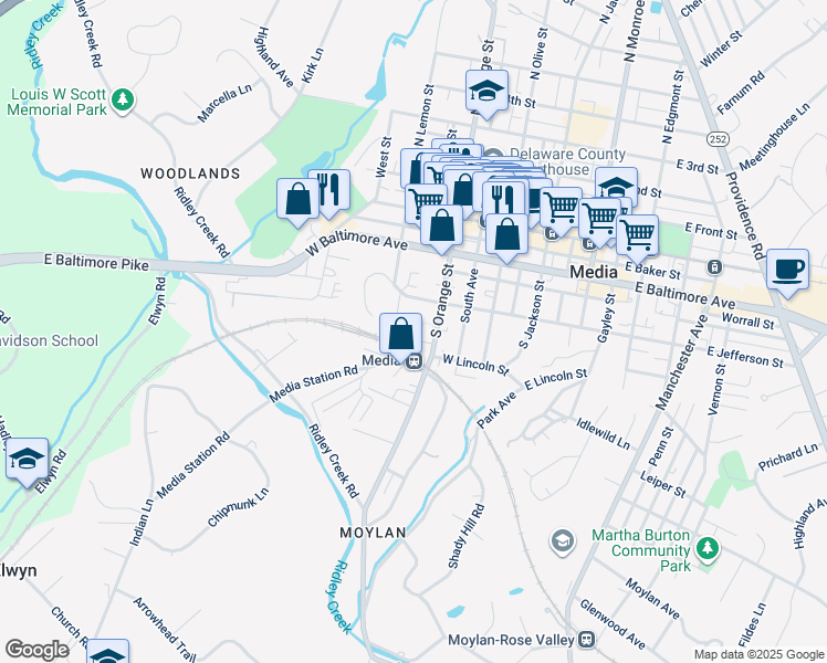 map of restaurants, bars, coffee shops, grocery stores, and more near 435 Linden Lane in Media