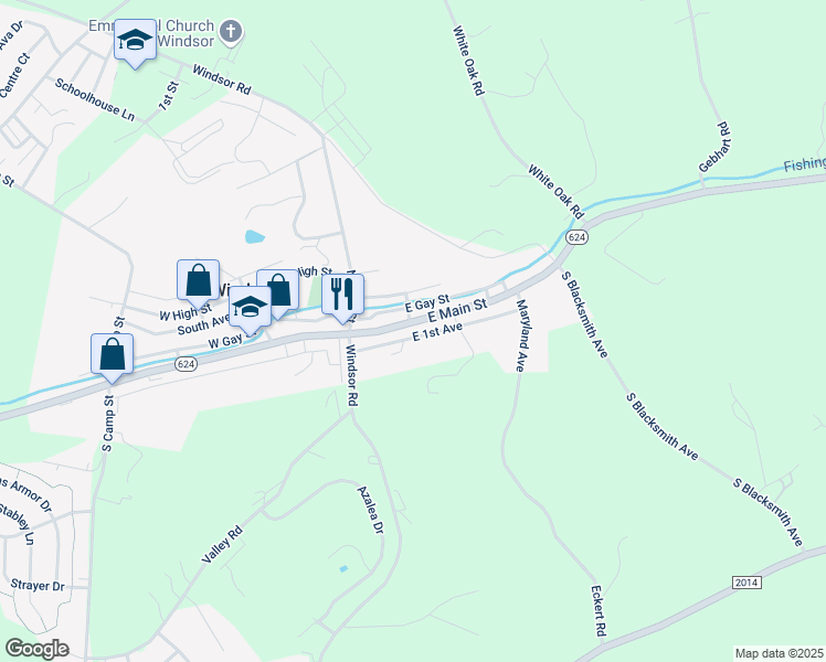 map of restaurants, bars, coffee shops, grocery stores, and more near 47 East Main Street in Windsor