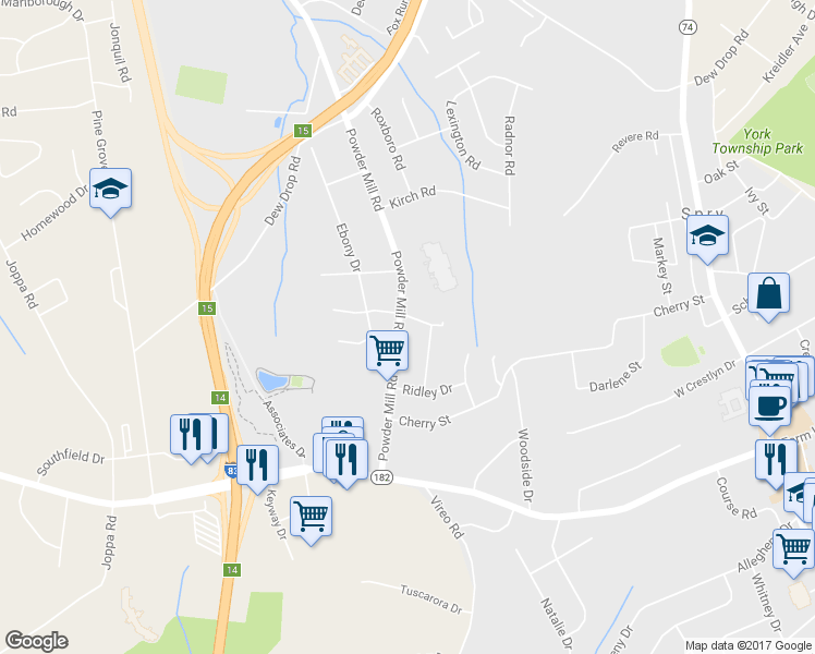map of restaurants, bars, coffee shops, grocery stores, and more near 1897 Powder Mill Road in York