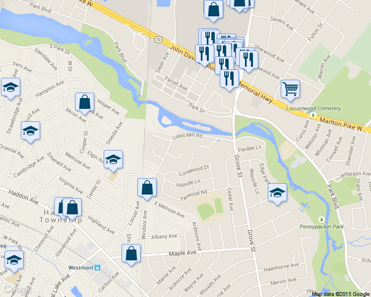 map of restaurants, bars, coffee shops, grocery stores, and more near 360 Carriage House Lane in Haddonfield