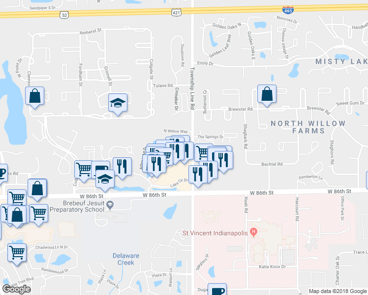 map of restaurants, bars, coffee shops, grocery stores, and more near 2499 Arborway Court in Indianapolis