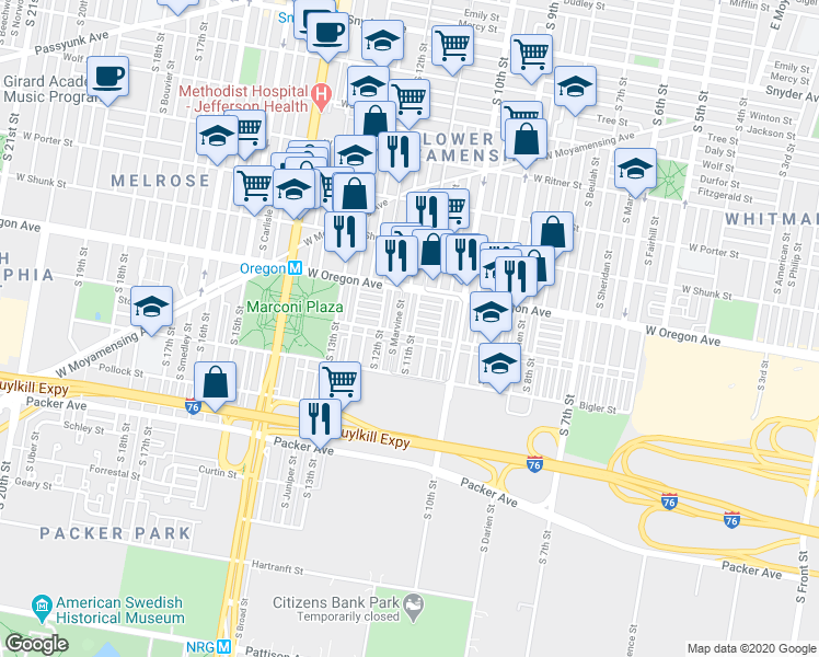 map of restaurants, bars, coffee shops, grocery stores, and more near 2744 South 11th Street in Philadelphia