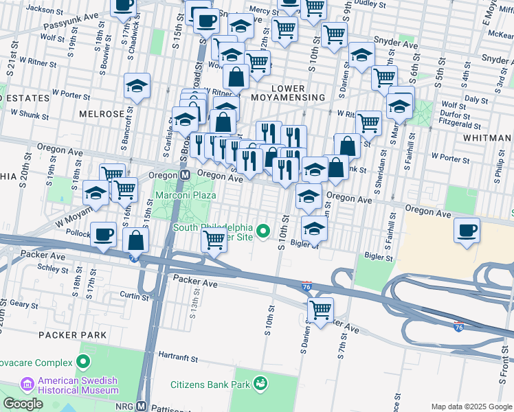 map of restaurants, bars, coffee shops, grocery stores, and more near 2744 South 11th Street in Philadelphia
