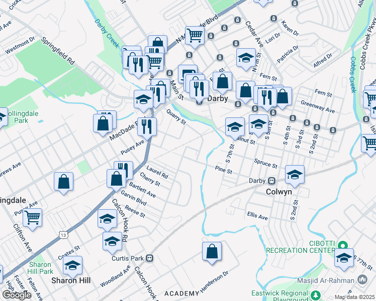 map of restaurants, bars, coffee shops, grocery stores, and more near 307 Poplar Street in Darby