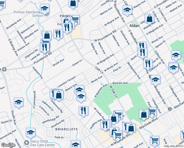 map of restaurants, bars, coffee shops, grocery stores, and more near 625 Beech Avenue in Glenolden