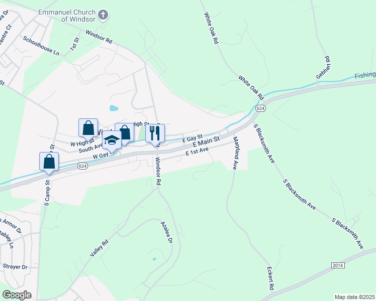 map of restaurants, bars, coffee shops, grocery stores, and more near 47 East Main Street in Windsor