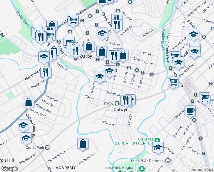 map of restaurants, bars, coffee shops, grocery stores, and more near 217 South 6th Street in Darby