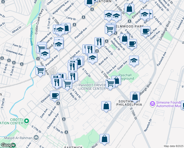 map of restaurants, bars, coffee shops, grocery stores, and more near 2606 South Muhfeld Street in Philadelphia