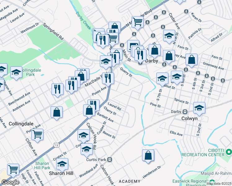 map of restaurants, bars, coffee shops, grocery stores, and more near 1046 Pine Street in Darby