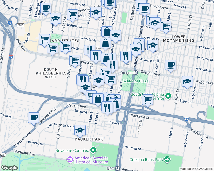 map of restaurants, bars, coffee shops, grocery stores, and more near 2838 South Smedley Street in Philadelphia