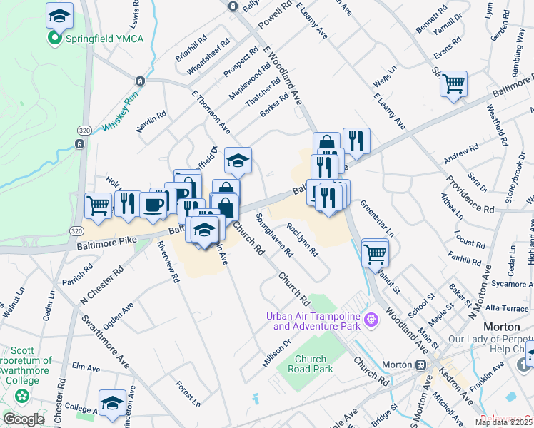 map of restaurants, bars, coffee shops, grocery stores, and more near 891 Baltimore Pike in Springfield