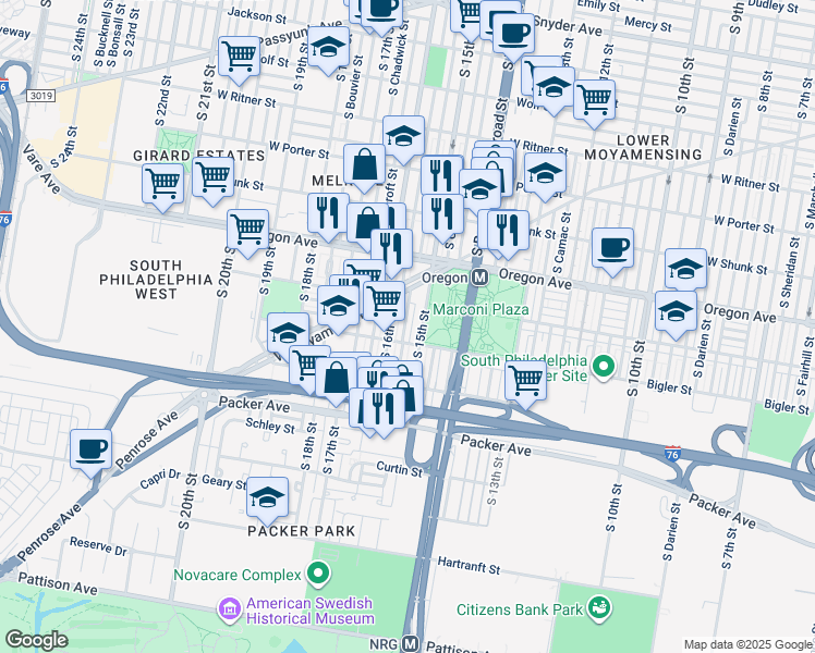 map of restaurants, bars, coffee shops, grocery stores, and more near 2847 South Sydenham Street in Philadelphia