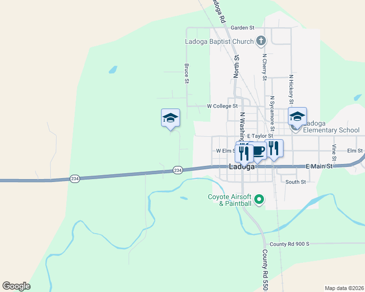 map of restaurants, bars, coffee shops, grocery stores, and more near 8582 Academy Way in Ladoga