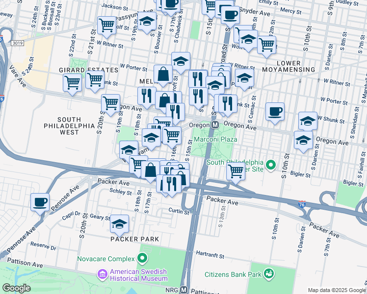 map of restaurants, bars, coffee shops, grocery stores, and more near 2847 South Sydenham Street in Philadelphia