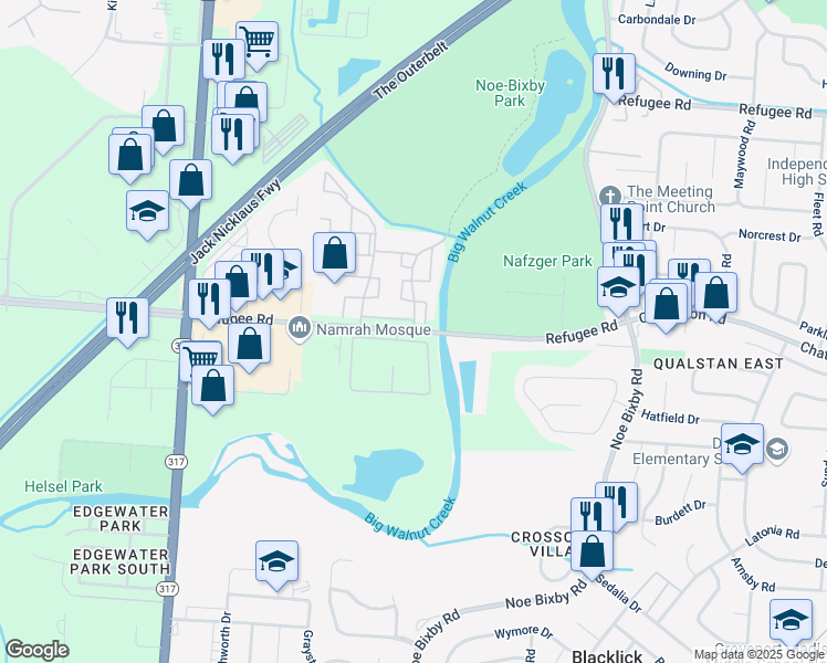 map of restaurants, bars, coffee shops, grocery stores, and more near Refugee Road in Columbus