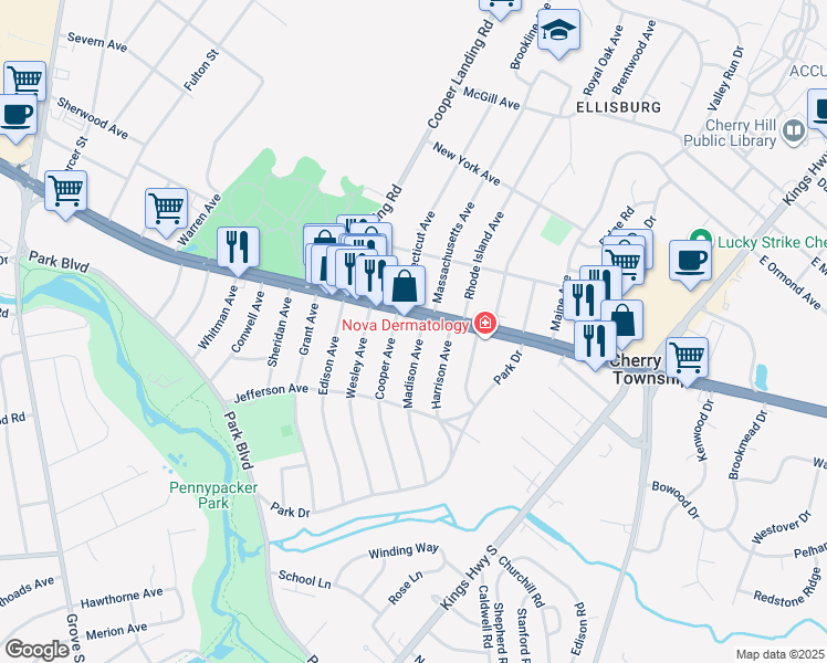 map of restaurants, bars, coffee shops, grocery stores, and more near 8 Madison Avenue in Cherry Hill