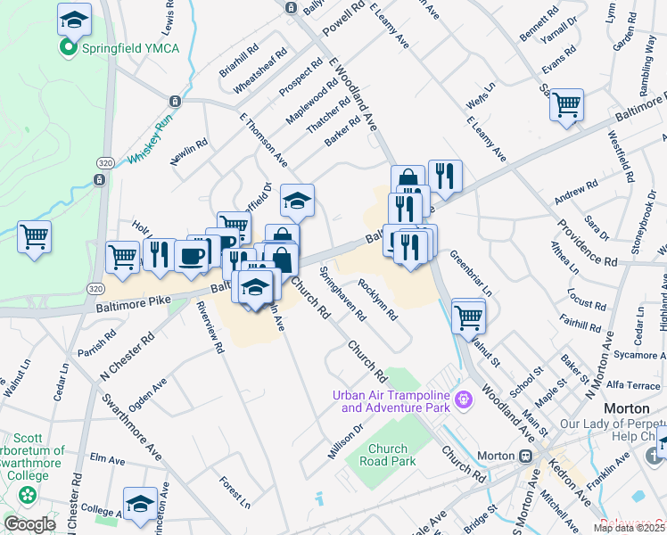 map of restaurants, bars, coffee shops, grocery stores, and more near 891 Baltimore Pike in Springfield