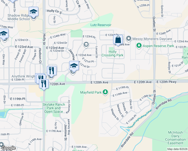 map of restaurants, bars, coffee shops, grocery stores, and more near 12036 Monaco Street in Brighton