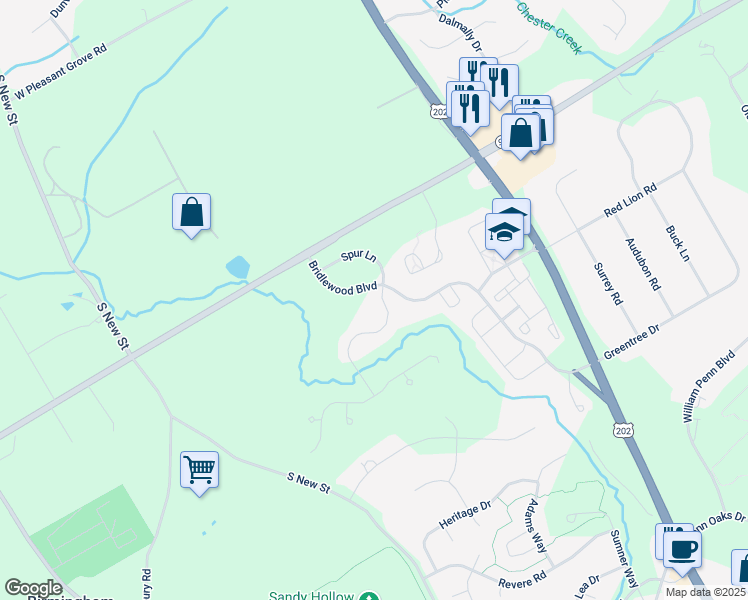 map of restaurants, bars, coffee shops, grocery stores, and more near 104 Leadline Lane in West Chester