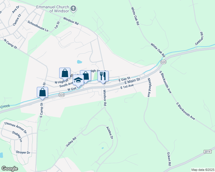 map of restaurants, bars, coffee shops, grocery stores, and more near 8 East Main Street in Windsor