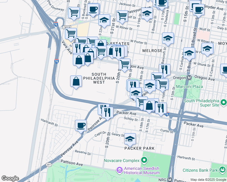 map of restaurants, bars, coffee shops, grocery stores, and more near 2885-3099 S 20th St in Philadelphia
