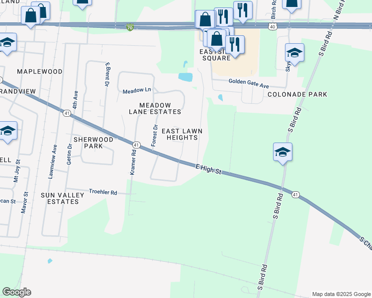 map of restaurants, bars, coffee shops, grocery stores, and more near 520 Holiday Drive in Springfield
