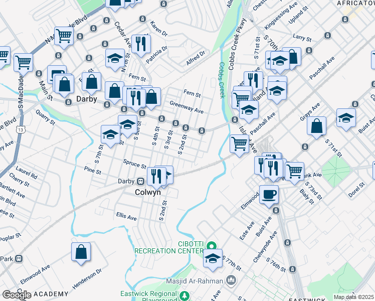 map of restaurants, bars, coffee shops, grocery stores, and more near 114 Chestnut Street in Darby