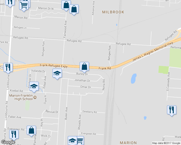map of restaurants, bars, coffee shops, grocery stores, and more near 1646 Burley Drive in Columbus