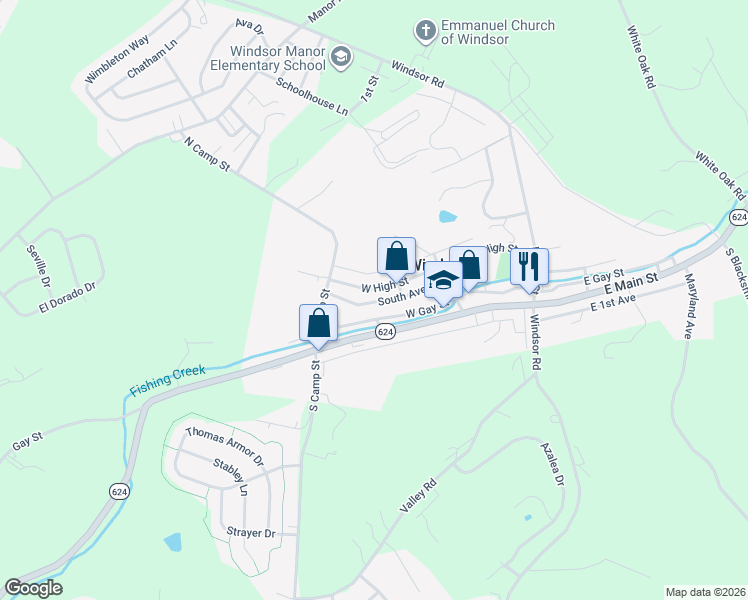 map of restaurants, bars, coffee shops, grocery stores, and more near 47 West High Street in Windsor
