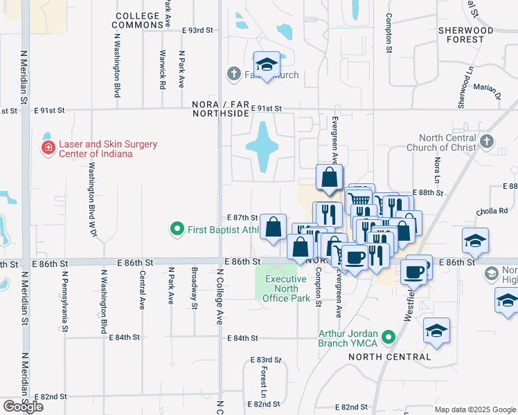 map of restaurants, bars, coffee shops, grocery stores, and more near 8709 Carrollton Avenue in Indianapolis