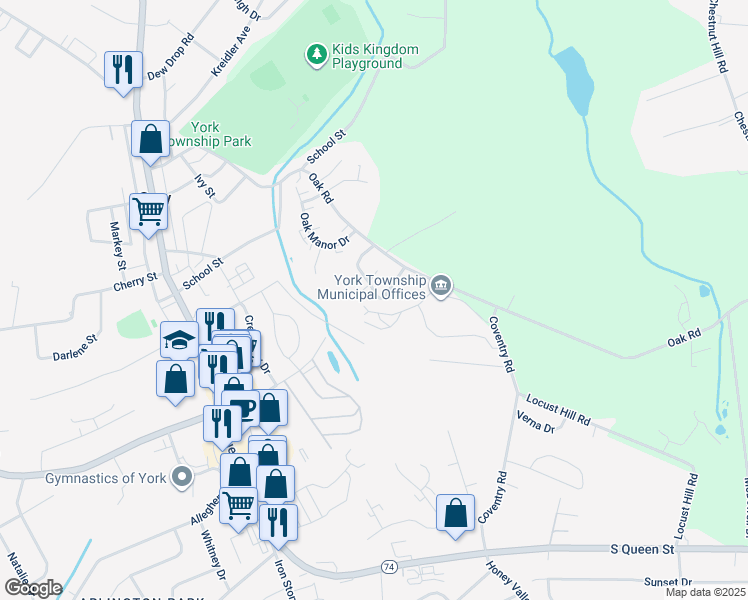 map of restaurants, bars, coffee shops, grocery stores, and more near 100 Oak Crossing in Dallastown