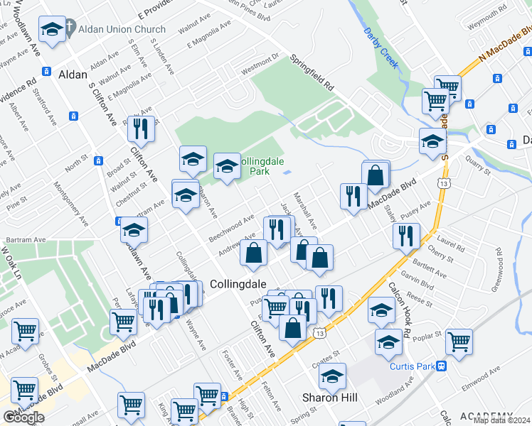 map of restaurants, bars, coffee shops, grocery stores, and more near 518 Beechwood Avenue in Collingdale