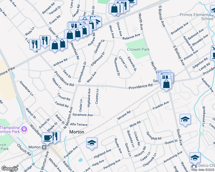 map of restaurants, bars, coffee shops, grocery stores, and more near 1165 Providence Rd in Springfield